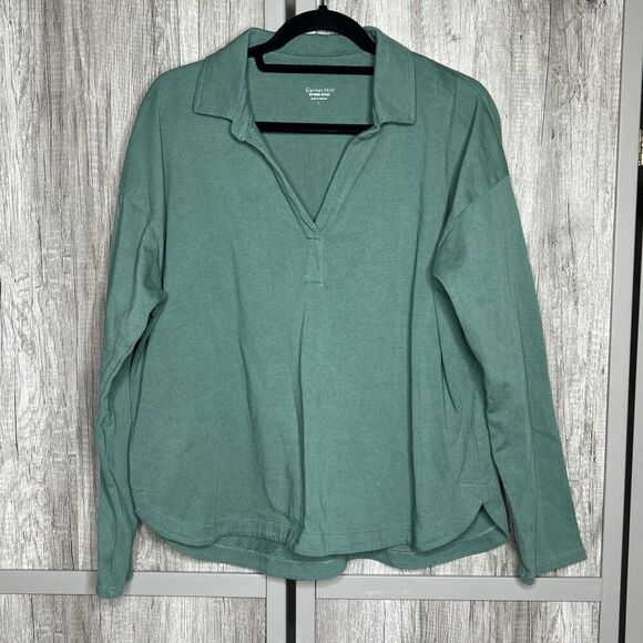 Garnet Hill Organic Cotton Top Heavyweight Long Sleeves Collared Size L - Picture 1 of 6